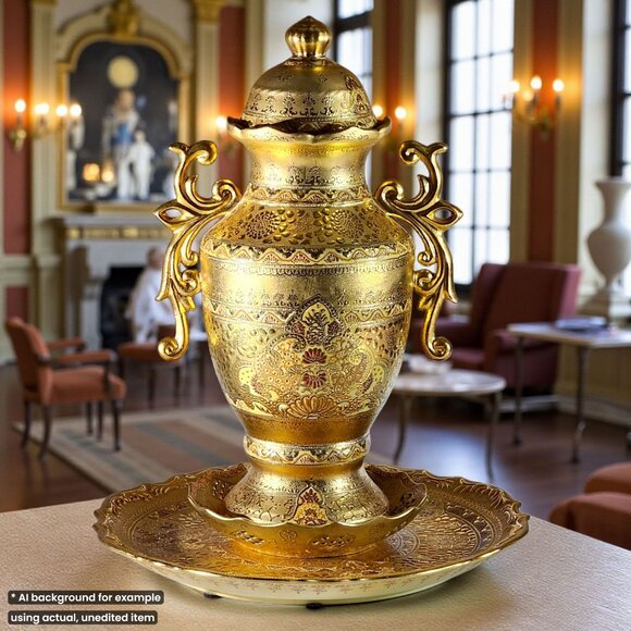 Vintage Large Decorative Gilt Urn w/ Lid Underplate & Bowl Middle Eastern Style - Picture 7 of 16